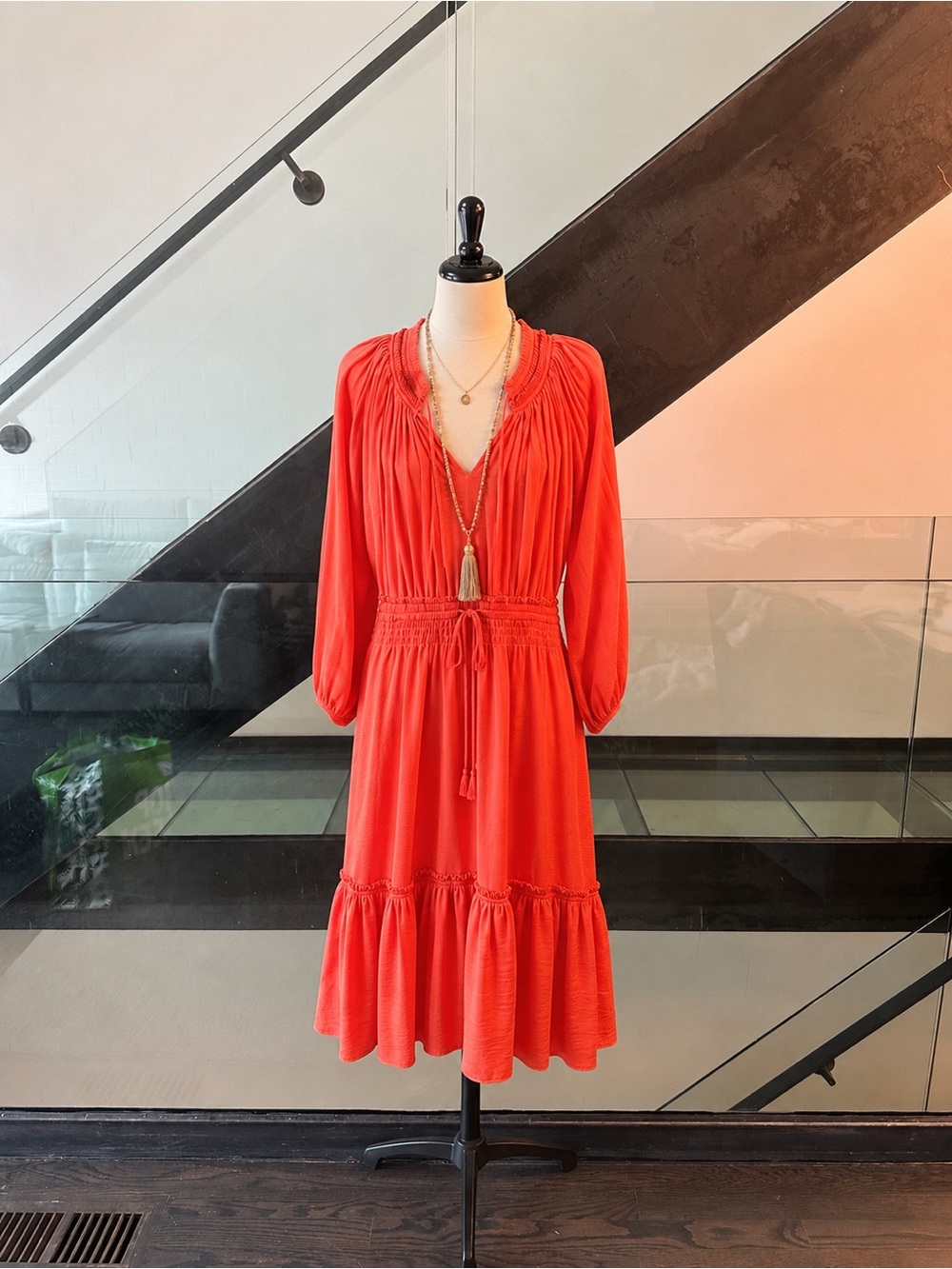 Kobi Halperin Orange V-Neck Long Sleeve Tiered Midi Dress